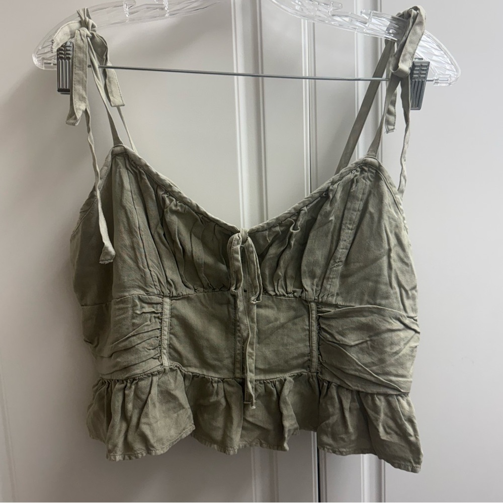American Eagle Tie Strap Crop Top Large Olive Green Smocked Back Ruffle